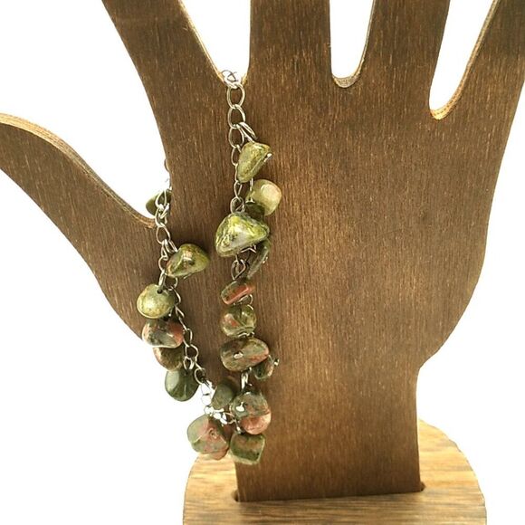 Artisan Unakite Jasper Bracelet Green Pink Stone Beads Silver Chain Toggle Clasp - Picture 6 of 13